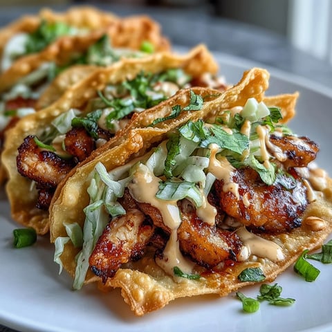 Golden-brown crispy wonton taco shells filled with ginger-marinated chicken, tangy slaw, and drizzled with creamy sriracha mayo.