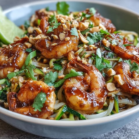 Freshly cooked Asian Noodle Bowl with tender shrimp, crisp zucchini, and carrots, topped with peanuts and cilantro.