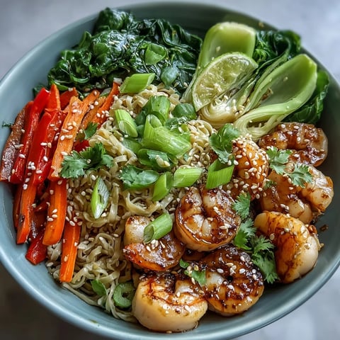 Garnished with lime wedges and sesame seeds, this Asian Noodle Bowl with Shrimp and Scallops features colorful vegetables in a steaming savory broth.