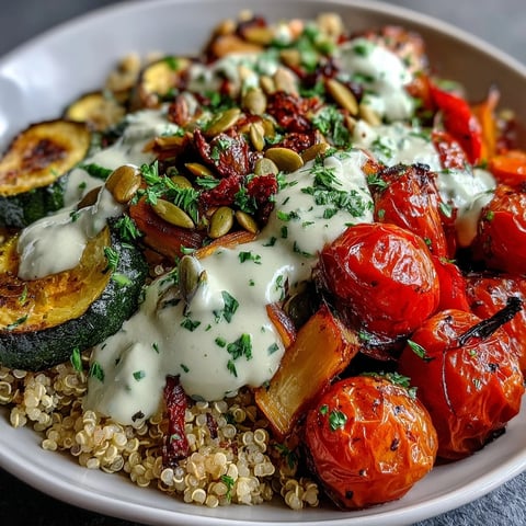 Roasted Vegetable Quinoa Bowl topped with creamy tahini drizzle and fresh parsley garnish