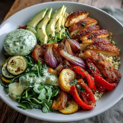 Paprika Roasted Vegetable Quinoa Bowl with golden pan-fried chicken, creamy avocado, and crisp lemon salad on fluffy quinoa.