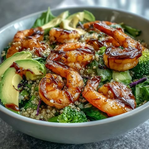 Vibrant Rainbow Vegetable Detox Bowl topped with pink shrimp, creamy avocado slices, and fluffy quinoa, drizzled with tangy balsamic dressing for a healthy meal.