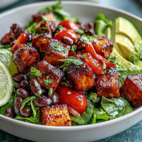 Roasted sweet potatoes and black beans topped with fresh salsa and creamy avocado in a bowl.