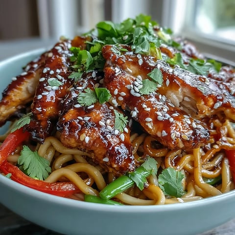A vibrant bowl of Sesame Chicken Noodle Bowl features tender chicken, crisp veggies, and glossy noodles on a white plate.