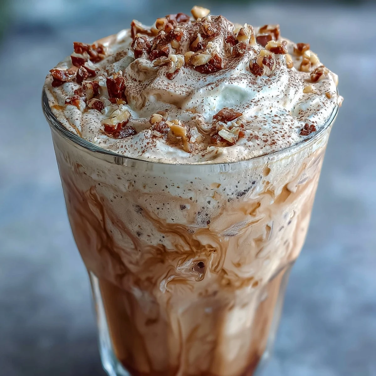 Creamy Hojicha milkshake topped with whipped cream and crushed nuts in a glass.