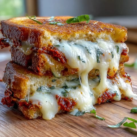 Golden-brown Sun-Dried Tomato Pesto Grilled Cheese slices melt with creamy mozzarella and rich pesto spread.