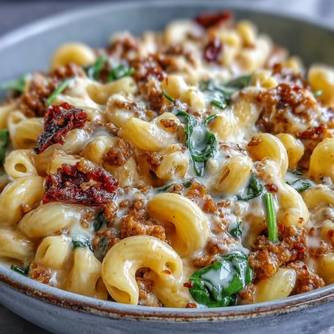 Creamy Tuscan Chili Mac simmering in a Dutch oven with melted Parmesan and wilted spinach, served with crusty bread.