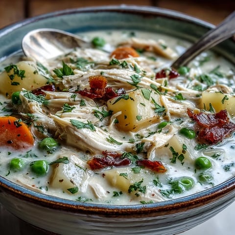 Creamy Chicken Pot Pie Soup served in a rustic bowl with fresh parsley garnish, tender vegetables and shredded chicken visible.