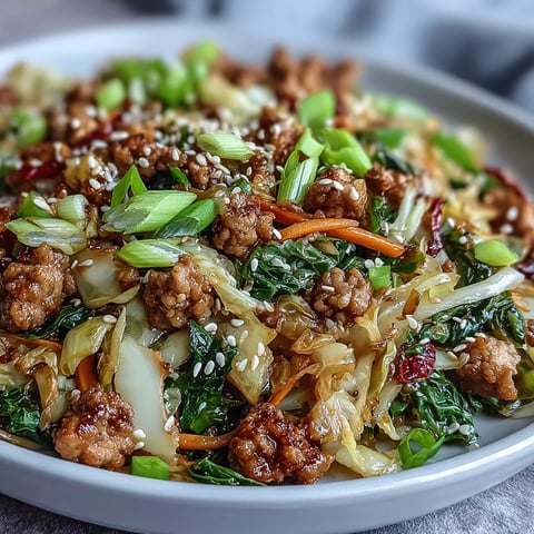 Steaming ground turkey and shredded cabbage tossed with fresh ginger and garlic in a wok.