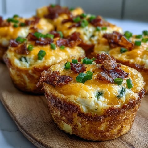Golden-baked Ranch & Cheddar Egg Muffin Cups sit on a white plate, featuring melted cheddar, crispy bacon crumbles, and green onions.