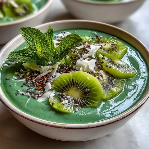 Vibrant vegan tropical green smoothie bowl topped with mango chia seeds and fresh kiwi slices for a nourishing breakfast.