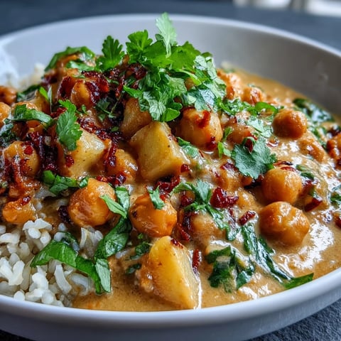 Creamy vegan mango coconut curry with tender chickpeas and sweet mango over fluffy rice, bursting with tropical flavors.  