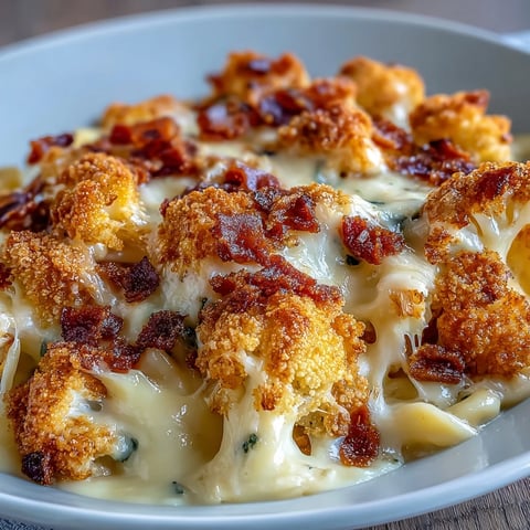 Keto mac and cheese with roasted cauliflower and crispy bacon crumbs in a creamy cheese sauce.  