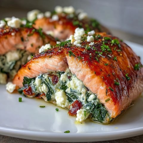 Simple Baked Stuffed Salmon with Spinach and Feta, showcasing golden-baked fillets filled with creamy spinach and feta stuffing.  