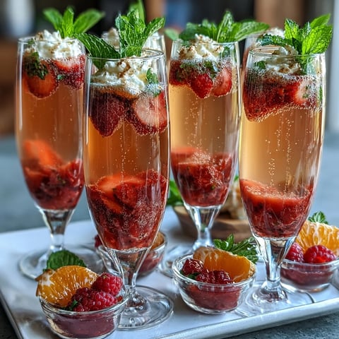 Festive strawberry mimosa bar with fresh fruit purees and sparkling wine for a Galentines brunch celebration.