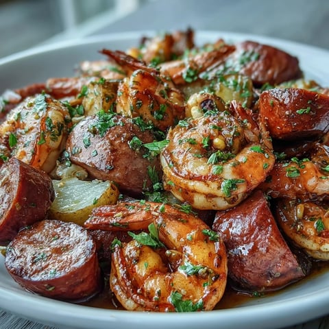 A steaming pot of Cajun shrimp and sausage boil with juicy shrimp, spicy sausage, corn, and potatoes, seasoned with bold spices and served with melted butter.