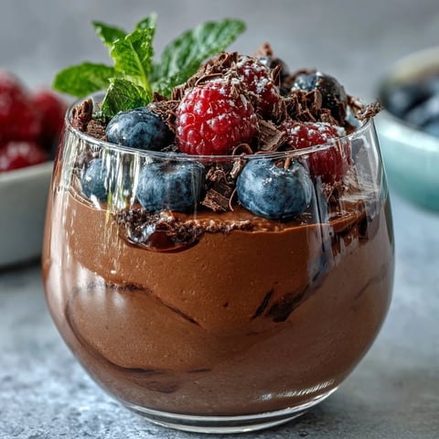 Decadent cottage cheese chocolate mousse with fresh berries, a creamy high-protein dessert that satisfies sweet cravings.