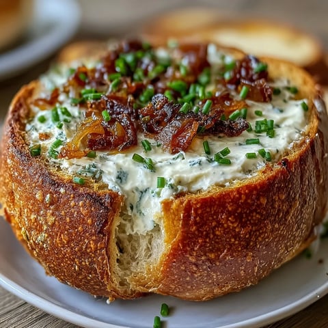 Creamy caramelized onion dip served in a warm sourdough bread bowl, perfect for parties and gatherings.  