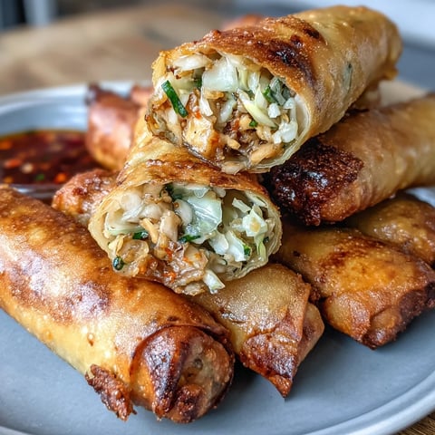 Golden air-fried spring rolls filled with crunchy vegetables, served with a sweet chili dipping sauce for a flavorful appetizer.