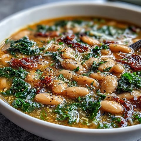 A steaming bowl of Tuscan white bean soup with kale and lemon zest, topped with grated Parmesan and a drizzle of olive oil.