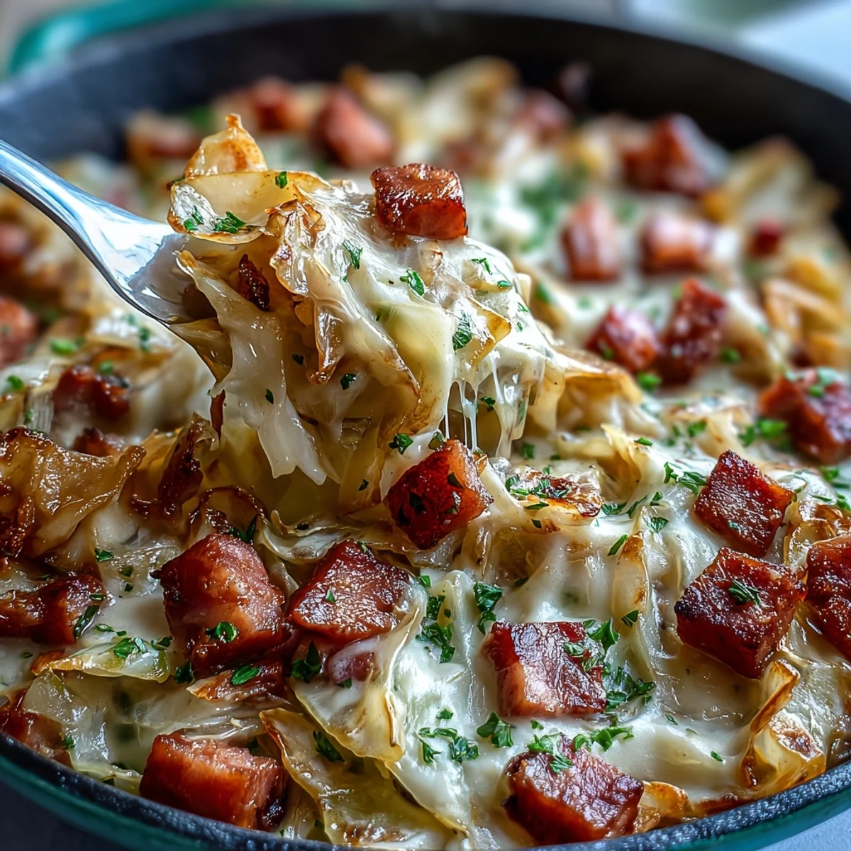 Creamy cabbage and ham skillet with tender cabbage, savory ham, and rich sauce in a large frying pan.  