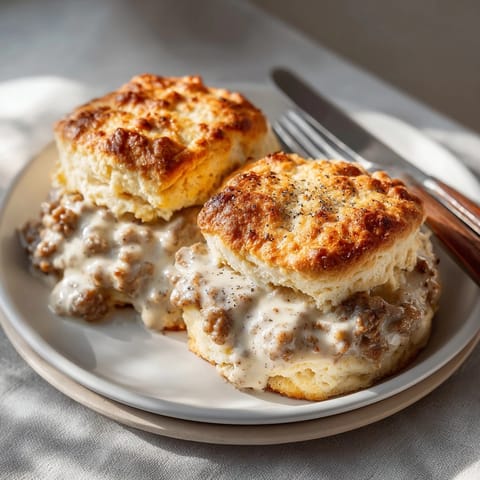 Golden Southern biscuits with rich sausage gravy poured on top, perfect for a cozy breakfast.