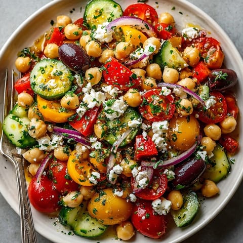 Colorful Mediterranean Chickpea Salad with feta, crisp veggies and tangy lemon vinaigrette in a bowl
