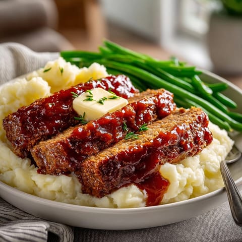 Sliced meatloaf with creamy mashed potatoes and vibrant green beans, perfect for Sunday dinner.