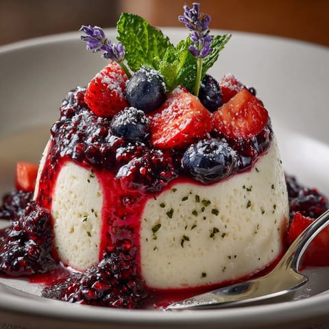 Close-up of creamy honey lavender panna cotta topped with vibrant mixed berry compote and lavender sprigs.