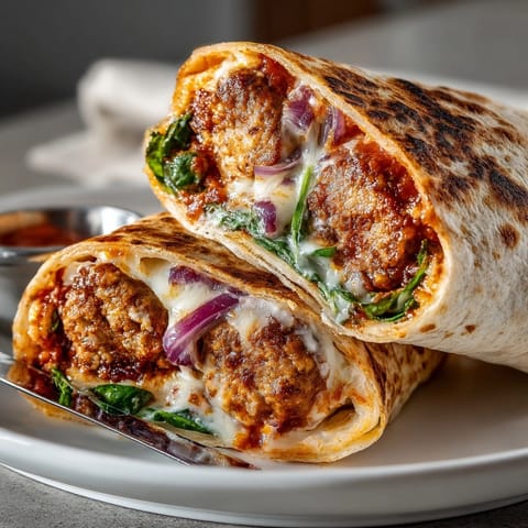 Freshly made Simple Turkey Meatball Sub Lunch Wraps on a plate with baby spinach garnish.