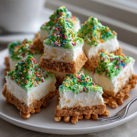Miniature Little Tree Cheesecake Bites ready to be served, showcasing the pretzel trunks and festive toppings.