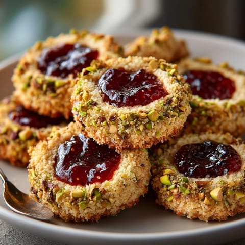A close-up of freshly baked Pistachio Cranberry Thumbprint Cookies, ready to be enjoyed during the holidays.
