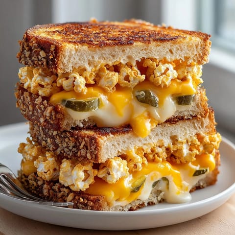 Perfectly toasted, crunchy popcorn-coated Pickle Popcorn Grilled Cheese sandwiches, ready to be served with soup.