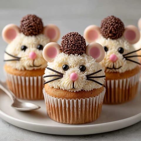 These Halloween-themed pumpkin spice "Rat Cake" cupcakes look delightfully cute with pink noses and almond ears.