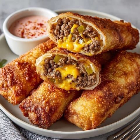 Crispy Cheeseburger Spring Rolls, a fun appetizer, accompanied by a creamy dipping sauce for a flavorful bite.