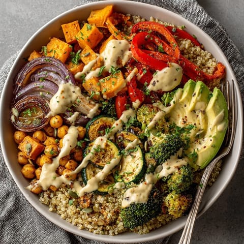 A beautifully composed photo of warm Roasted Vegetable Buddha Bowls, ready to be enjoyed with creamy tahini.