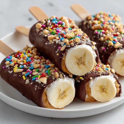 Close-up of Chocolate-Dipped Peanut Butter Banana Pops with chopped peanuts and festive sprinkles.