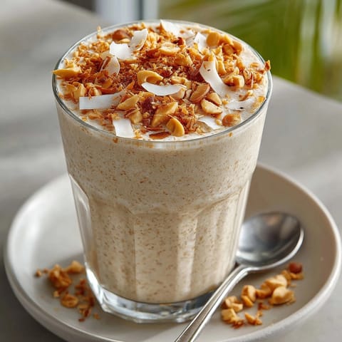 Thai Coconut Peanut Butter Smoothie served chilled, highlighting its creamy texture and tropical aroma.