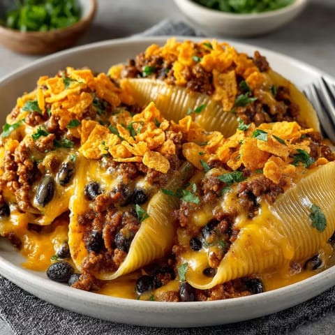 Close-up of Tex-Mex Taco Stuffed Shells with Nacho Cheese Sauce, oozing cheddar and fresh cilantro garnish.