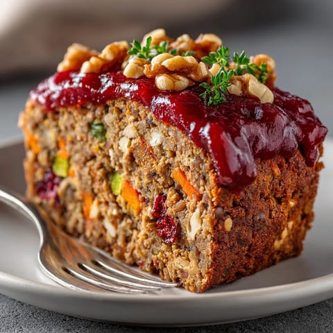 Close-up of sliced Vegan Lentil Loaf with Cranberry Glaze, steam rising, a comforting vegan meal.