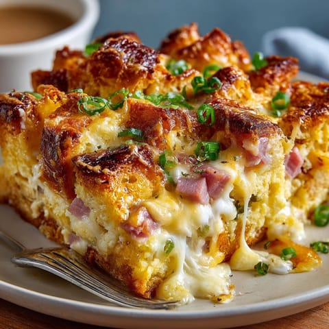 Close-up of a slice of Ham &amp; Cheese Croissant Breakfast Casserole, steam rising, ready to eat.