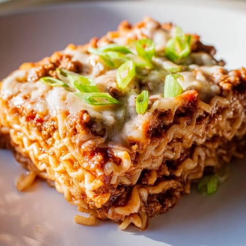 Vibrant Spicy Ramen Lasagna, featuring creamy ricotta and bold flavors, baked to perfection.  