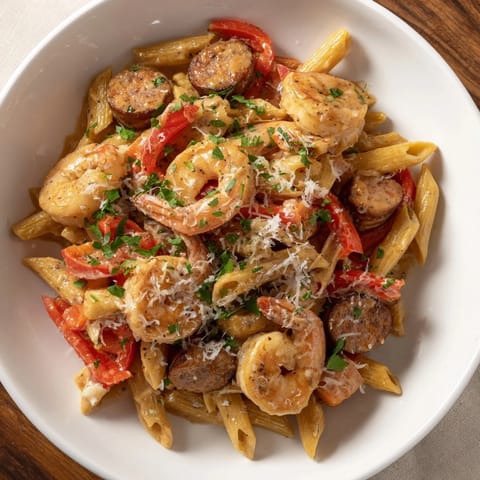 This creamy Cajun Sausage & Shrimp Alfredo Pasta Skillet awaits, with vibrant peppers and parsley garnish.