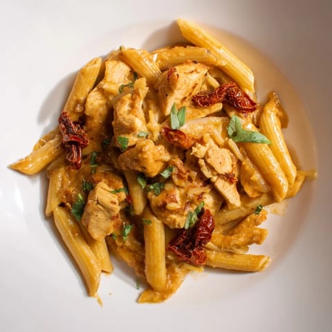 This Creamy Tomato Basil Chicken Pasta showcases warm, inviting textures, including a rich, glossy tomato sauce.