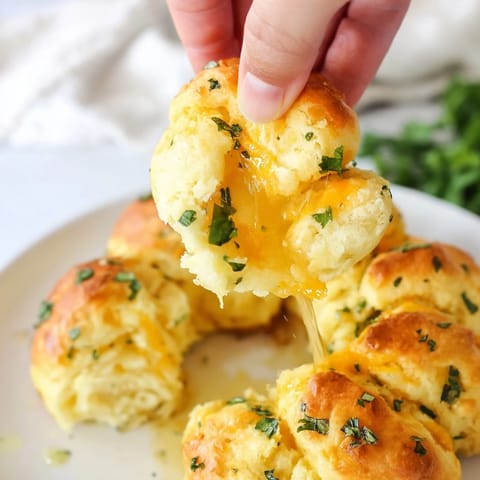 Freshly baked Mini Cheddar Bay Biscuit Pull-Apart with melted butter, perfect for a flavorful appetizer.