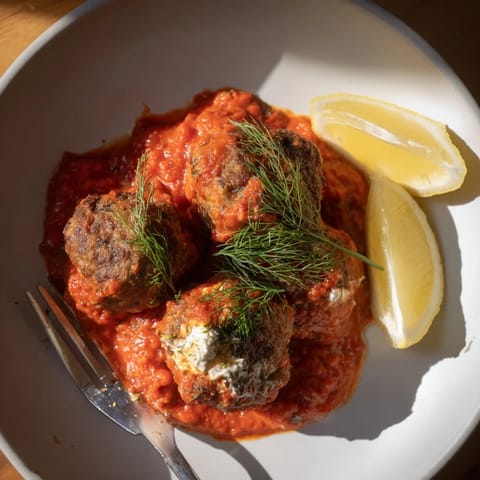 Tender Instant Pot Greek-Style Meatballs, nestled in a vibrant sauce, promising Mediterranean flavors and feta cheese.