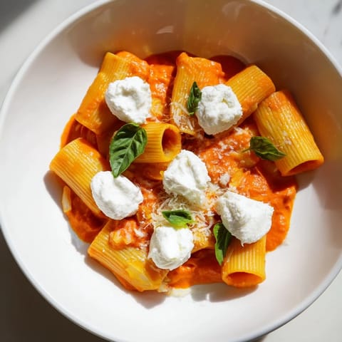 A warm bowl of Creamy Roasted Red Pepper Santa Hat Pasta, garnished with fresh basil and Parmesan cheese.