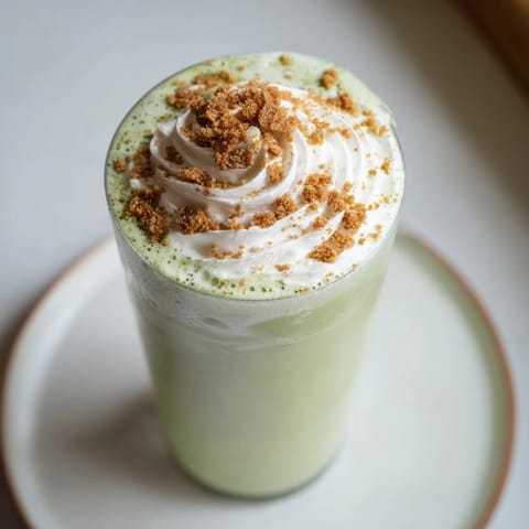 Creamy Sugar-Free Gingerbread Cookie Matcha Frappe, garnished with whipped cream and spices, looks refreshing.