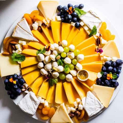 This Daffodil Cheese Board displays a stunning arrangement of creamy cheeses, colorful fruits, and nuts.
