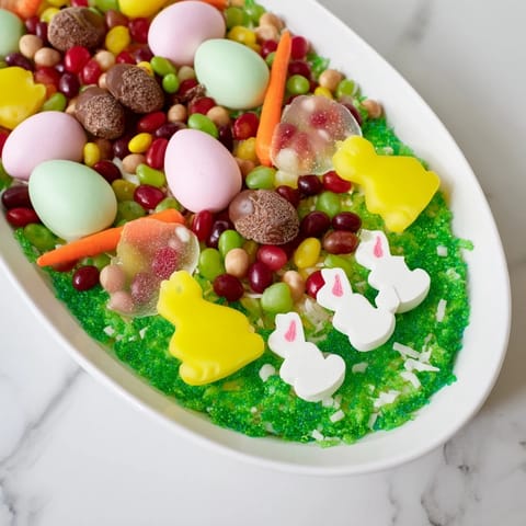 A bright, colorful Egg-Shaped Candy Platter with an array of sweets, perfect for Easter.